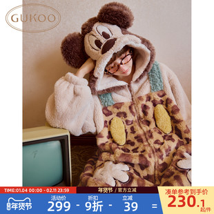Gukoo/果壳睡衣女冬季迪士尼联名新款毛绒保暖豹纹家居服连体衣D