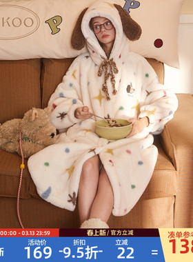 Gukoo/果壳睡袍女冬季轰轰小狗新款满印可爱薄绒女士家居服睡袍D