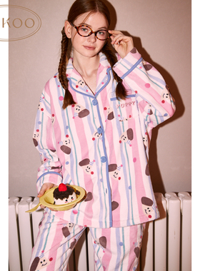 Gukoo/果壳睡衣女冬季轰轰小狗满印新款牛奶绒保暖女家居服套装D