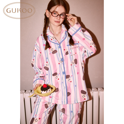 Gukoo/果壳睡衣女冬季轰轰小狗满印新款牛奶绒保暖女家居服套装D