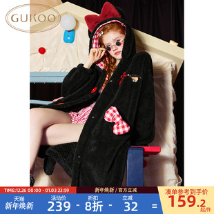 小黑猫女士家居服睡袍D 珊瑚绒保暖24年新款 Gukoo 果壳睡袍女冬季