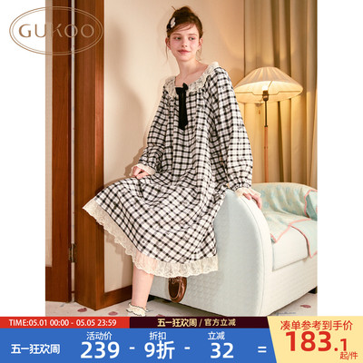Gukoo/果壳睡裙女春秋款纯棉格子新款网纱边女士家居服睡裙C