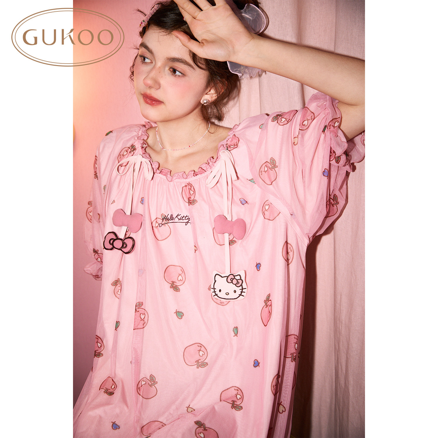 Gukoo/果壳睡裙女夏季HelloKitty联名新款条纹甜美女家居服睡裙B