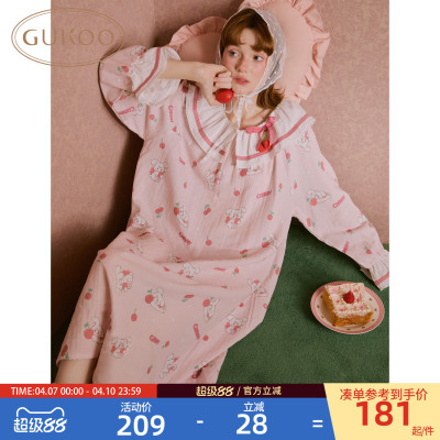Gukoo/果壳长袖睡裙女春夏mikko联名新款纯棉甜美女士家居服睡裙A