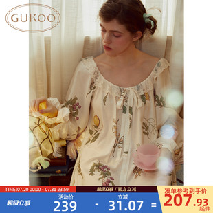果壳睡裙女春秋款 Gukoo 满印四代麻蕾丝边甜美女士家居服睡裙A