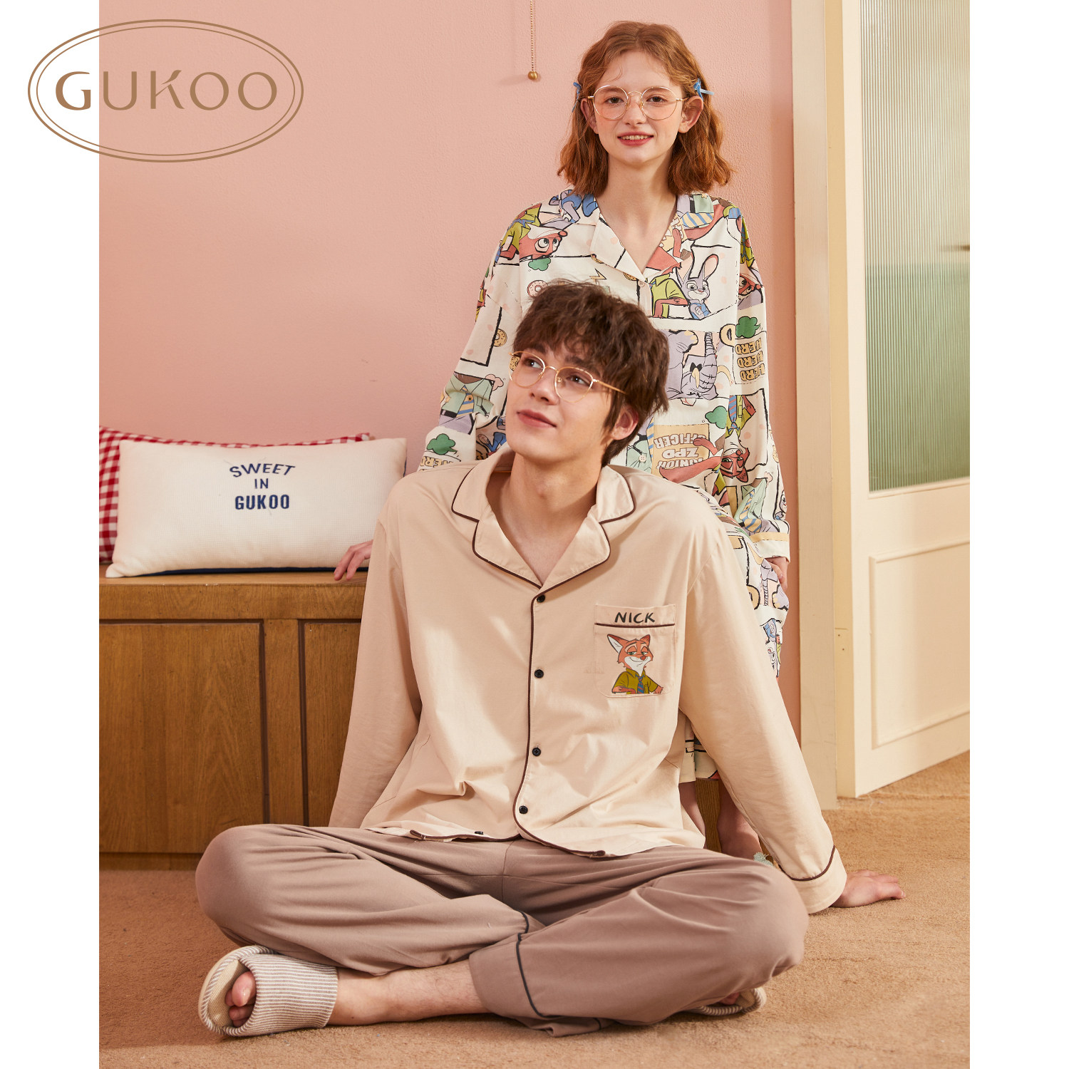 gukoo/果壳疯狂动物城情侣睡衣纯棉家居服套装