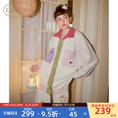 Gukoo/果壳睡衣冬季半边绒保暖新款轰轰小狗可爱女士家居服套装D