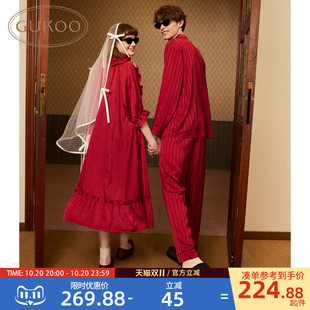 Gukoo/果壳情侣睡衣春秋新婚红色睡裙新款宽松男家居服套装A