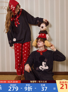 Gukoo果壳情侣睡衣冬女款红色新年睡衣迪士尼新款半边绒男家居服D