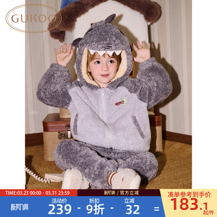 可爱鲨鱼男童家居服套装 珊瑚绒保暖新款 果壳儿童睡衣冬季 Gukoo