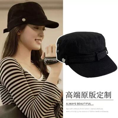 欧阳娜娜同款黑色鸭舌帽女2025款秋冬季文艺牛仔帽马术帽平顶帽子