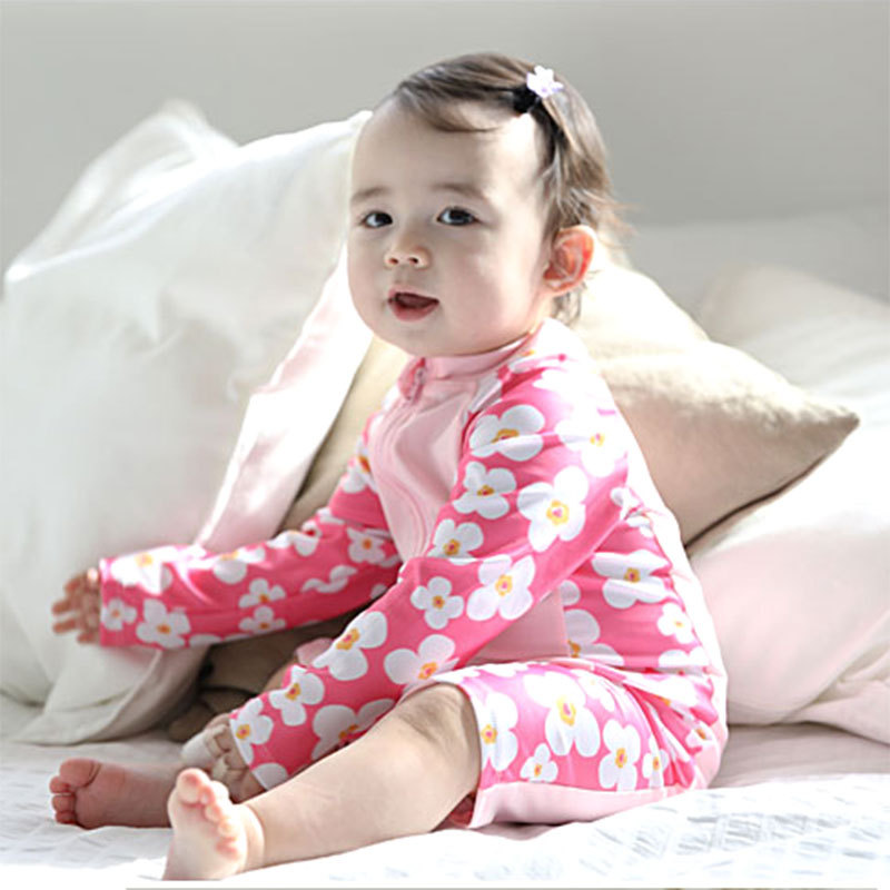 亦浪儿童泳衣女童长袖连体花朵可爱印花韩国婴幼儿中小童速干防晒