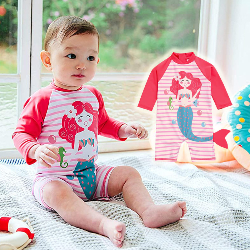 亦浪儿童中小童女童幼儿宝宝长袖连体游泳衣可爱美人鱼条纹粉红色