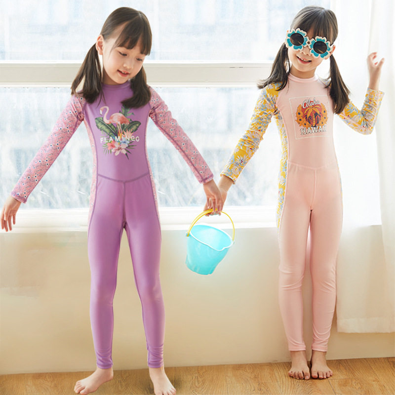 亦浪儿童女童小中大童女孩游泳衣潜水冲浪服长袖连体防晒速干印花