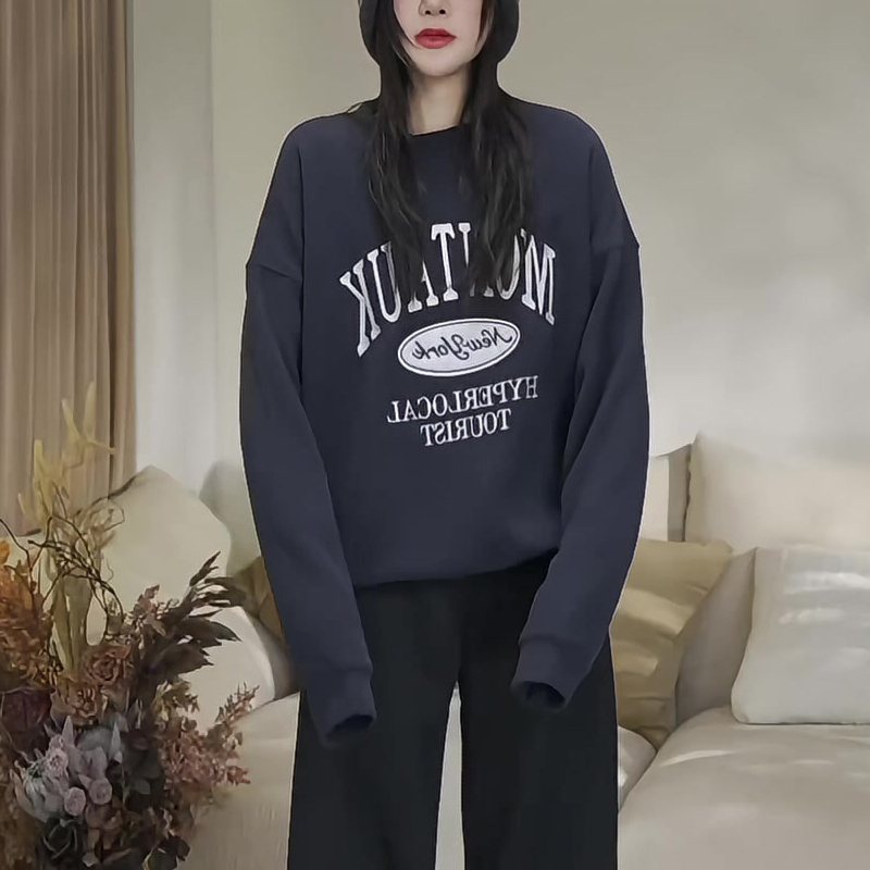 冬季新款休闲百搭字母印花宽松加绒圆领卫衣上衣