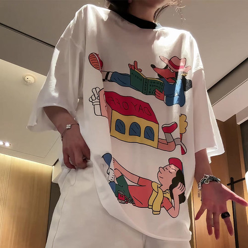 韩国东大门代购春秋彩色涂鸦卡通印花纯棉宽松圆领休闲短袖T恤女