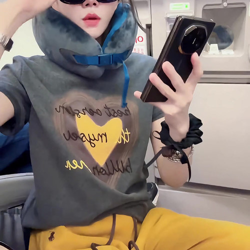 韩系爱心字母印花短袖t恤女2025秋冬新款内搭打底衫