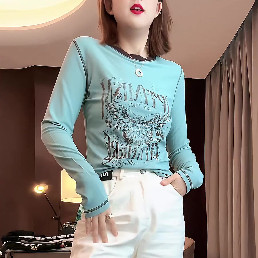 2024秋冬装新款明线拼色字母印花长袖T恤女修身打底衫磨毛上衣