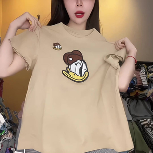 宽松显瘦卡通唐老鸭印花圆领短袖 T恤百搭通勤上衣