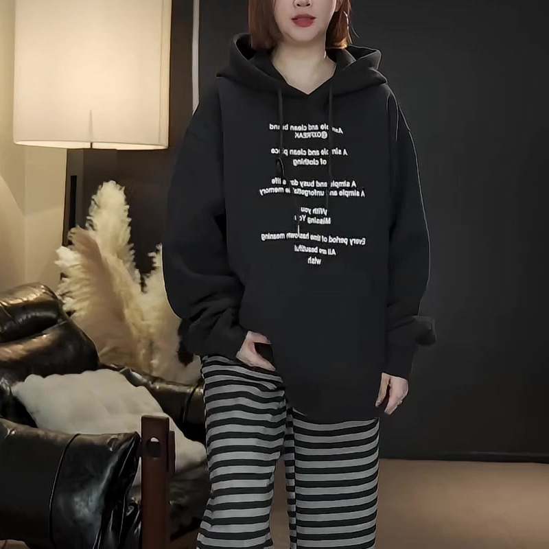 2025新款秋冬纯棉连帽卫衣百搭休闲简约字母印花中长款上衣