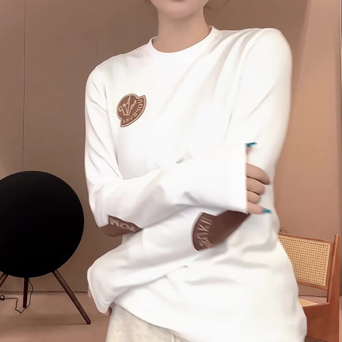 复古简约风通勤百搭白色正肩长袖t恤女2024新款打底衫圆领上衣