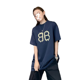 意凡BLBL 23ss巴黎BB印花短袖T恤女小领口宽松大版男女上衣潮