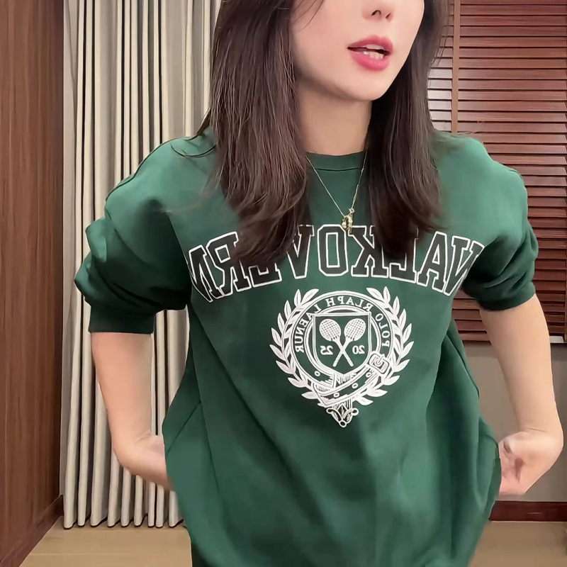 美式复古绿色卫衣女加绒春秋韩版慵懒宽松印花套头通勤上衣