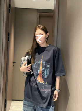 意凡夏欧版巴黎新款东京银座限定东京铁塔宽松休闲男女短袖T恤