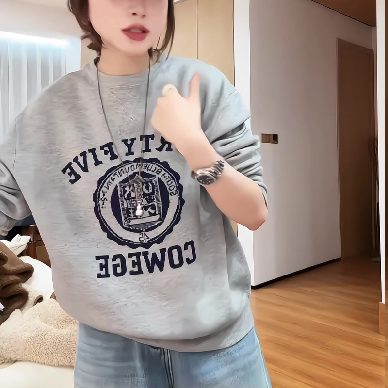 韩版印花圆领卫衣女2025秋季百搭休闲简约上衣