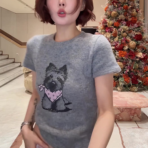 2025夏季新款洋气卡通小狗图案百搭显瘦短款T恤短袖