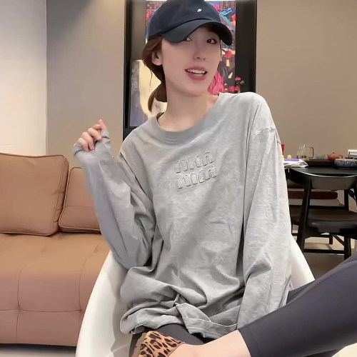 字母刺绣纯棉上衣2024春秋装中长款宽松T恤女长袖打底衫上衣潮