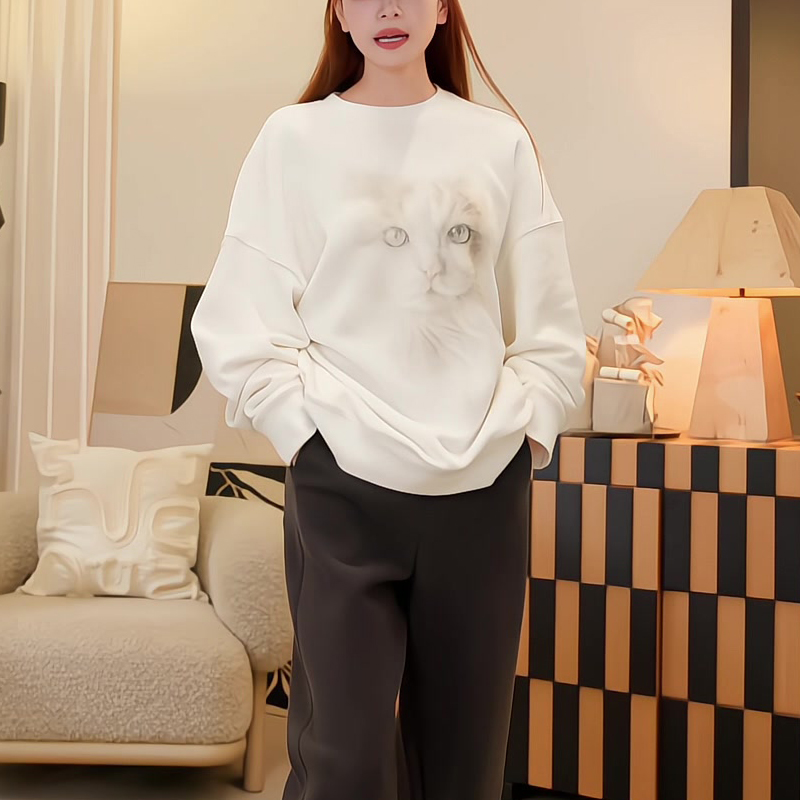 美式复古印花白色长袖T恤女秋季圆领宽松慵懒卫衣上衣