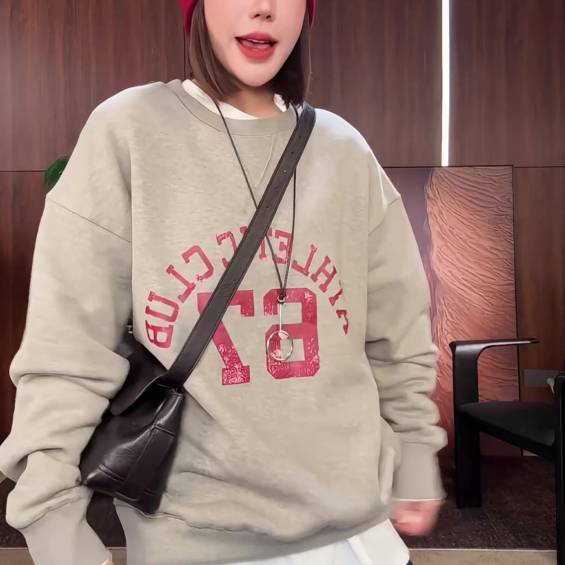 字母印花圆领长袖卫衣女2025新款秋冬季慵懒风上衣