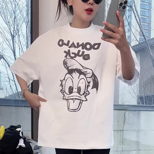 范 型休闲百搭减龄时尚 ins潮牌百搭复古唐老鸭印花短袖 T恤女宽松版