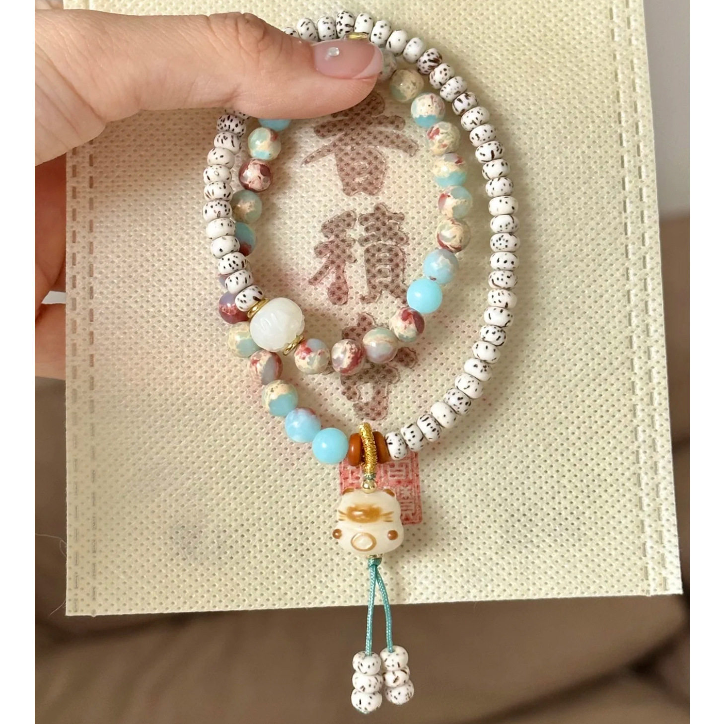 寺庙款星月菩提寿山石双圈手链猫爪文玩炭烧招财猫古风手串网红款