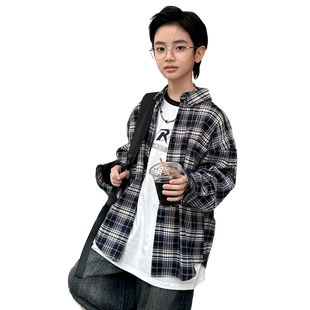男童格子衬衫2026春秋新款中大童开衫薄款春装外套宽松休闲上衣潮