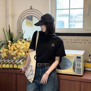 ck短袖T恤男女时尚美式潮流字母印花休闲圆领修身微弹棉半袖上衣