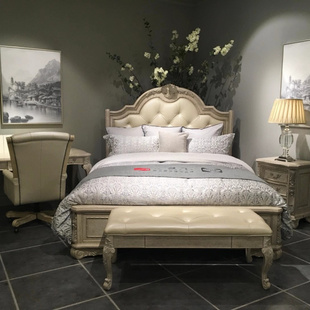 美式美克art家具美家复兴印记实木床 美式雕花牛皮拉扣软包双人床