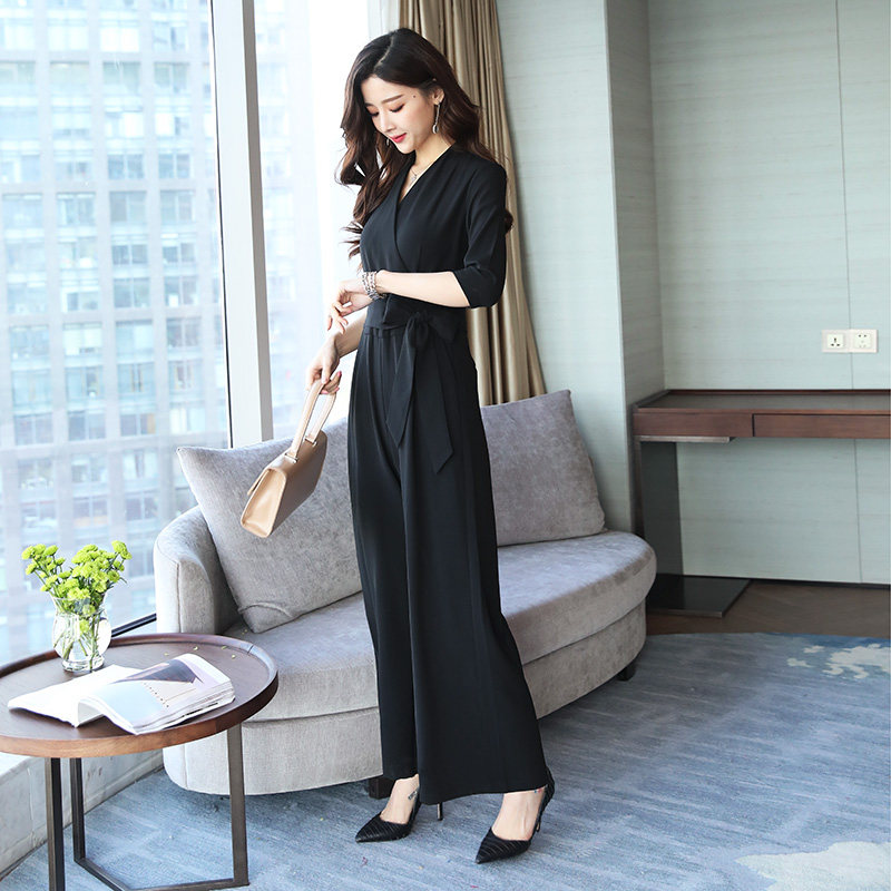 2025时尚气质连体阔腿裤春秋款连身裤黑色连体衣套装夏季新款女装
