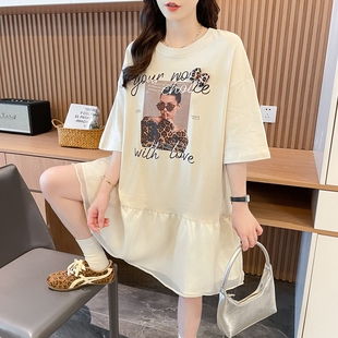 网纱拼接圆领连衣裙女2026夏季爆款韩版宽松时尚洋气超仙体恤裙子