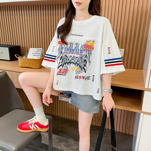 小个子宽松短款纯棉半袖上衣女夏季时尚设计感破洞涂鸦短袖T恤潮