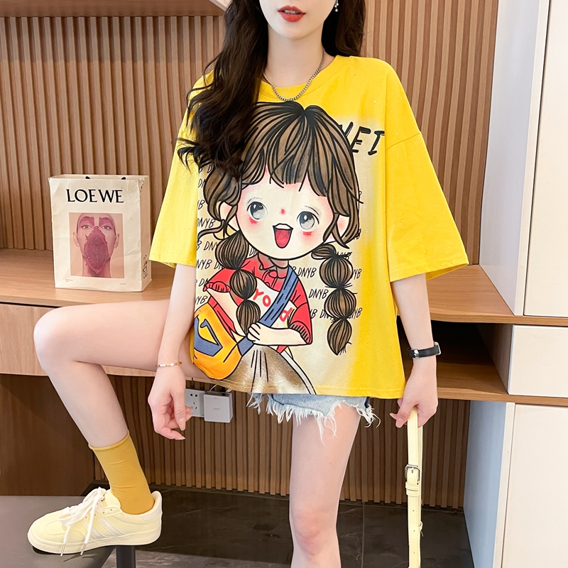 夏季时尚百搭短袖T恤女2025爆款宽松大码显瘦遮肉亮闪闪上衣服ins
