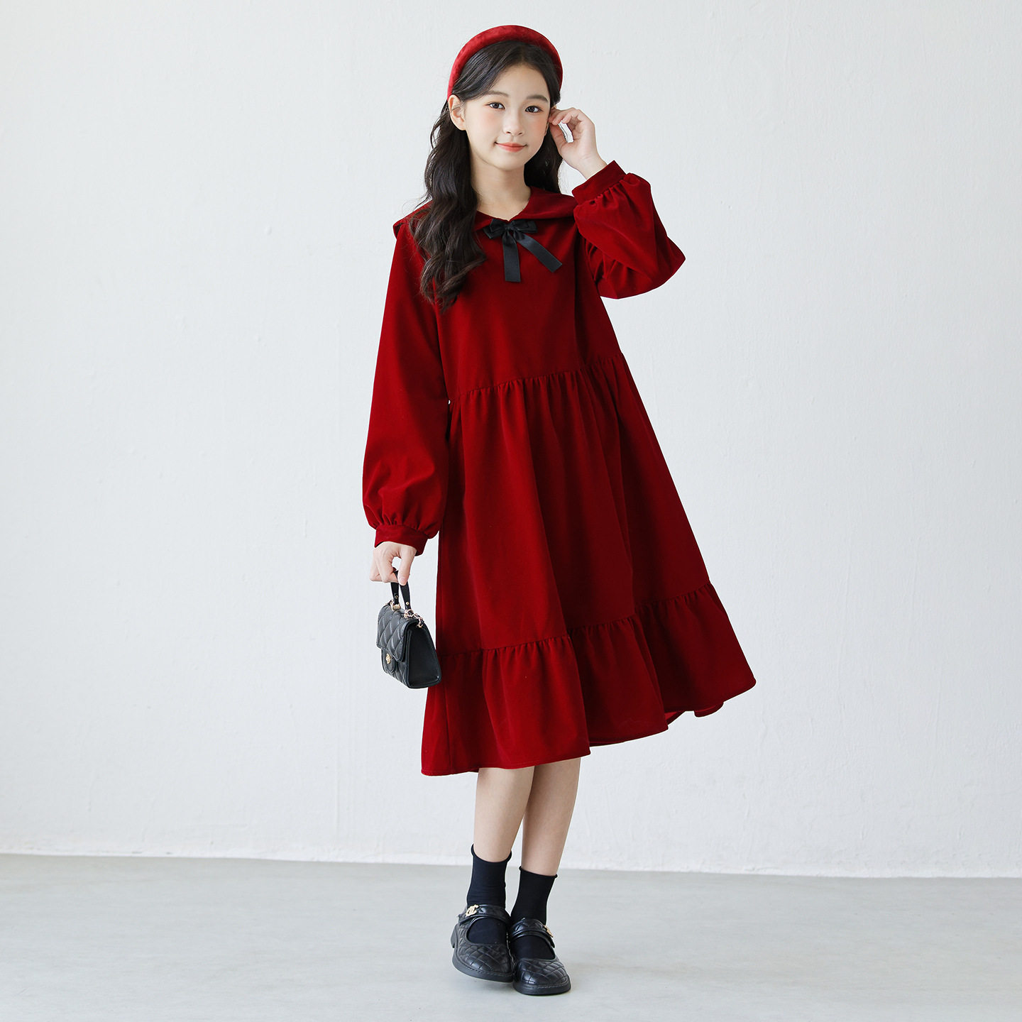 公主裙女童秋冬连衣裙儿童拜年服大童冬装红色新年裙加绒加厚裙子