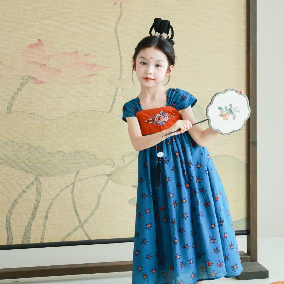 女童汉服旗袍儿童唐装夏季2026新款中式女孩连衣裙蓝色短袖国风薄