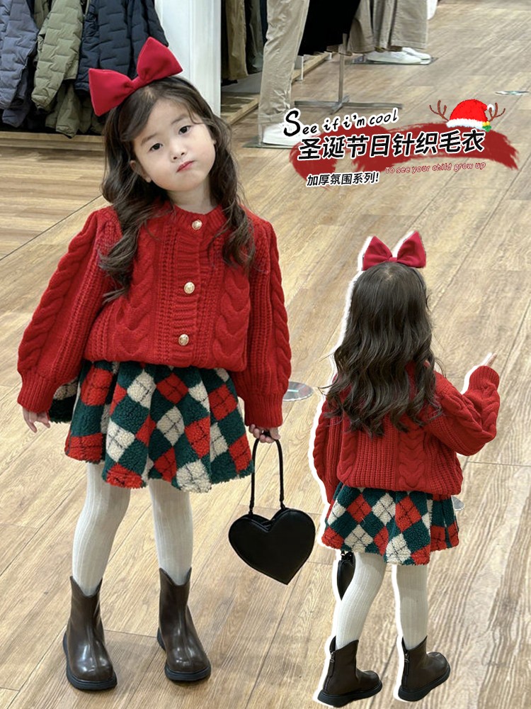 新年女童红色针织毛衣开衫冬装宝宝韩版加厚羊羔绒圣诞短裙半身裙