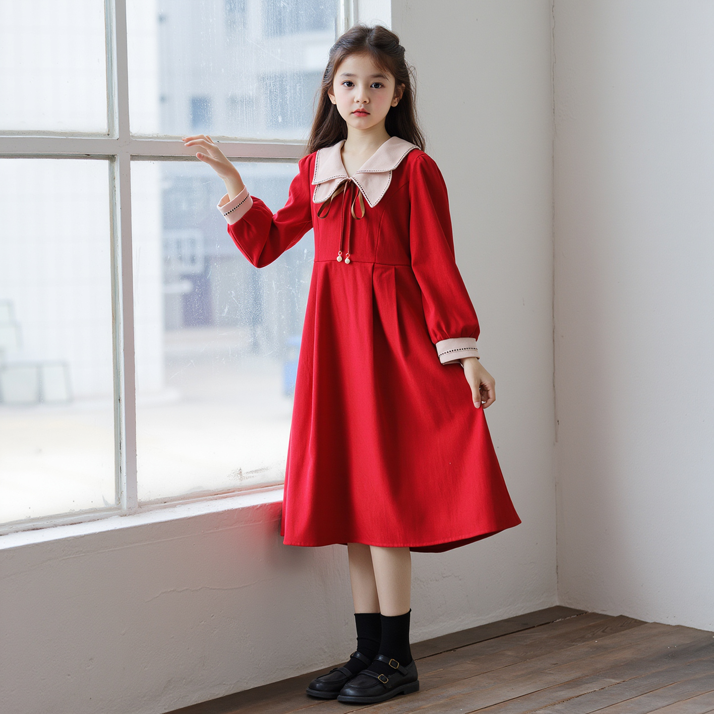 女童连衣裙2025秋冬高级感学院风公主裙娃娃领长袖红色长裙中大童