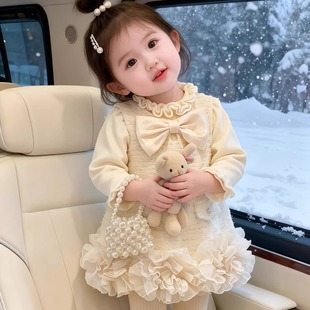 女童小香风背心裙冬装加厚周岁礼服中小童宝宝蝴蝶结加绒连衣裙子