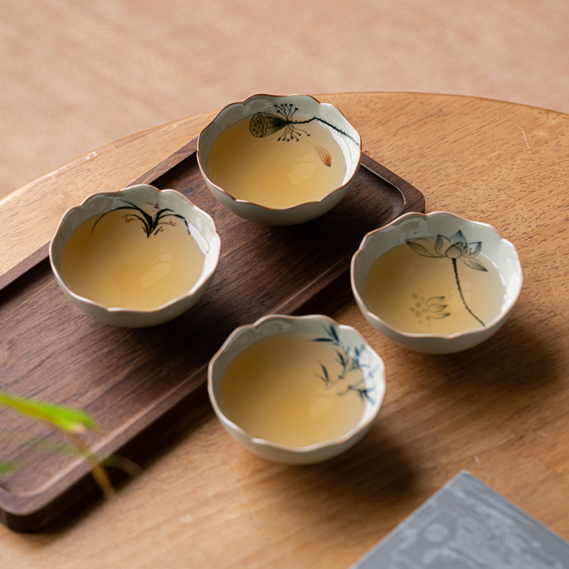 草木灰手绘兰花杯主人杯单女杯功夫茶杯单个陶瓷品茗杯男对杯