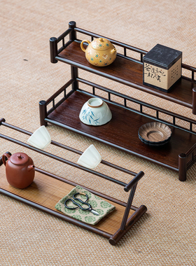 朴风竹制双层茶杯收纳架茶桌茶具置物架子复古多层茶托展示架家用