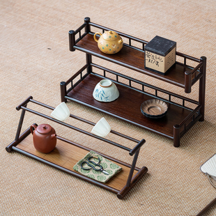 朴风竹制双层茶杯收纳架茶桌茶具置物架子复古多层茶托展示架家用